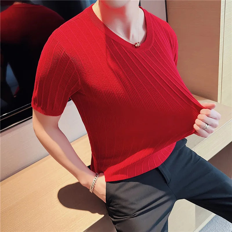 Hehope Men Short Sleeve T-Shirt Knitted Pullover 2024 Summer High Elastic Solid Casual Stripe Slim Fit Half High Collar Knit Sweater