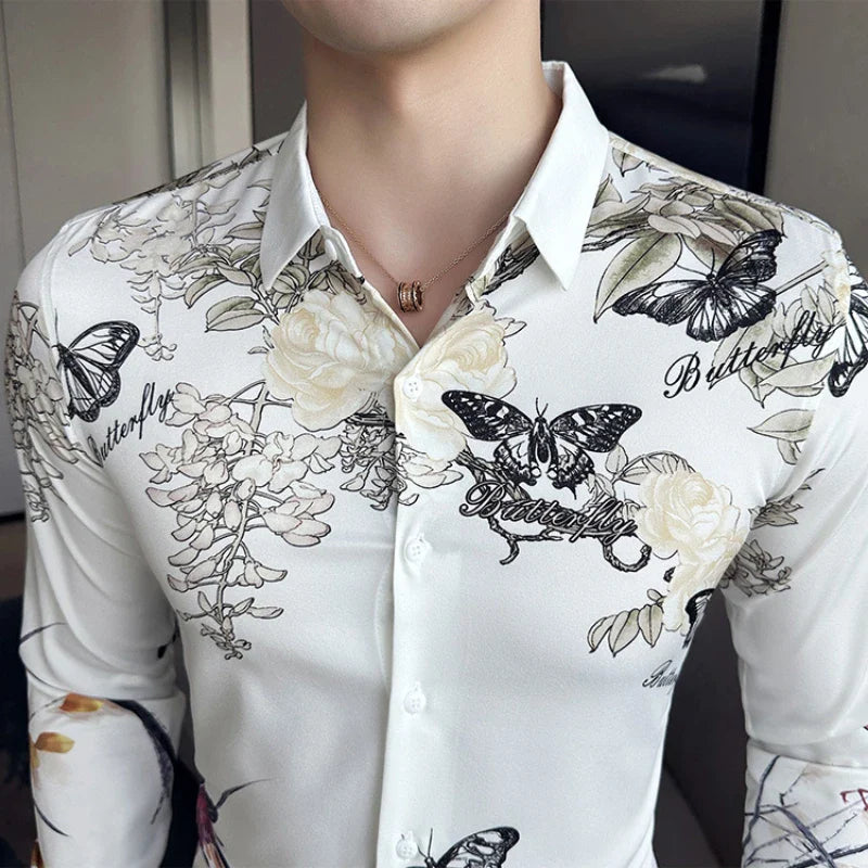 Hehope Fashion Butterfly Printed Shirt for Men Summer Long Sleeve Casual Shirts Streetwear Social Party Nightclub Camisa Masculina