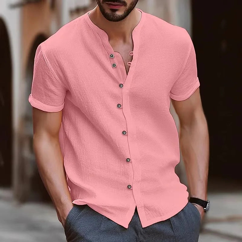 Hehope Summer Men's Casual Cotton Linen Shirt New Henley Collar Short Sleeve Button Loose Hawaii Top Solid Color Handsome Male Shirt