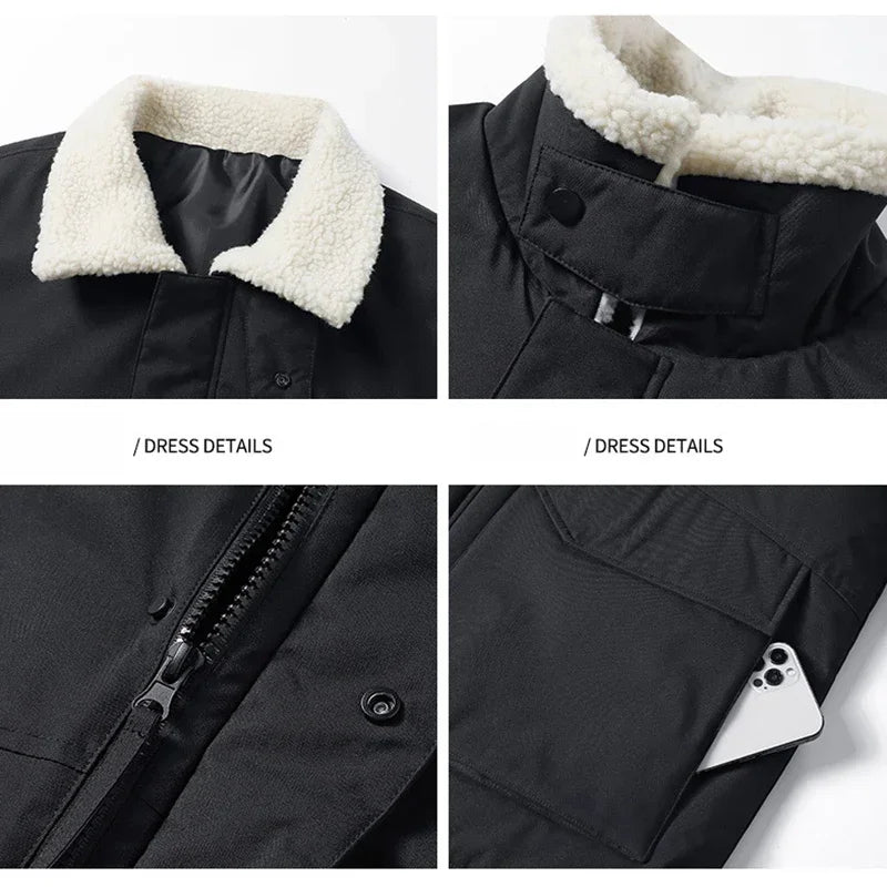 Hehope Lamb Fleece Coat Men's New Winter Coats Men Sportswear Solid Color Cargo Casual All-match Cotton-padded Large Size Mens Jackets