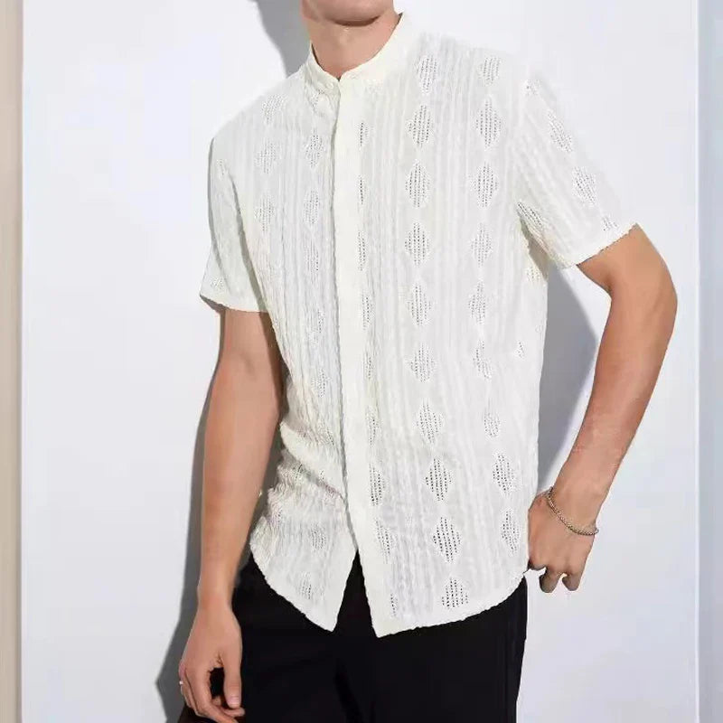 Hehope Summer Men's Short-Sleeve Hollow-Out Lace Shirt Solid Color Geometric Patterns Lapel Perspective Short Sleeve Shirt For Male Top