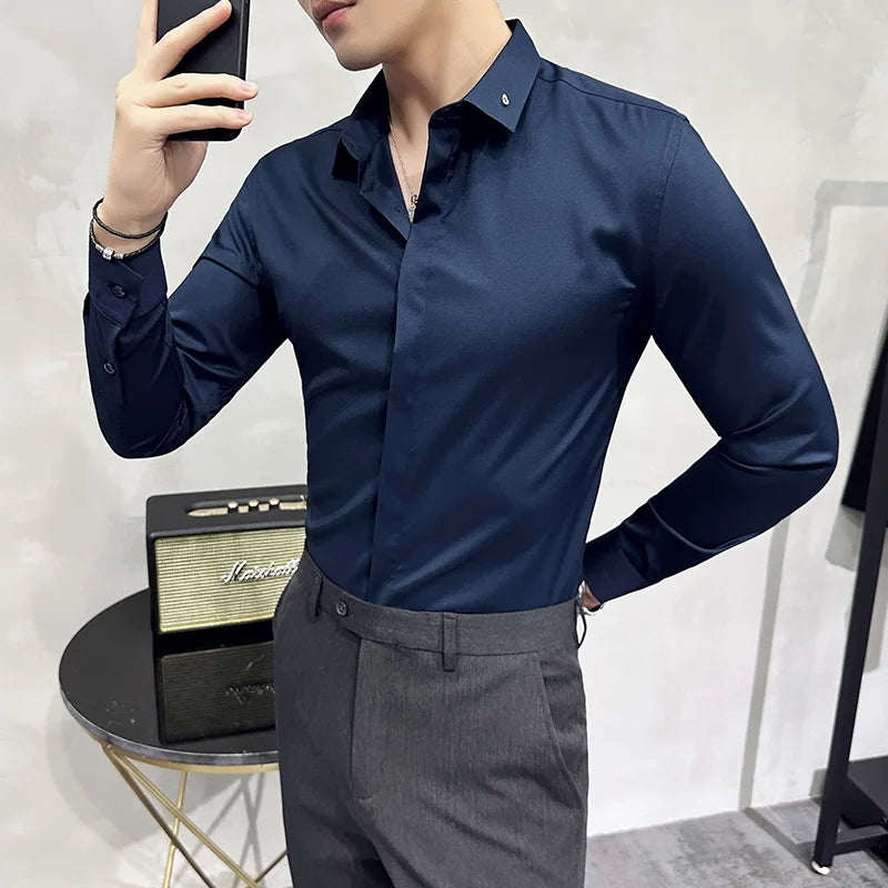 Hehope High Quality Solid Dress Shirt Men Simple Long Sleeve Slim Fit Business Shirts Homme Social Casual Shirt Plus Size 4XL-M