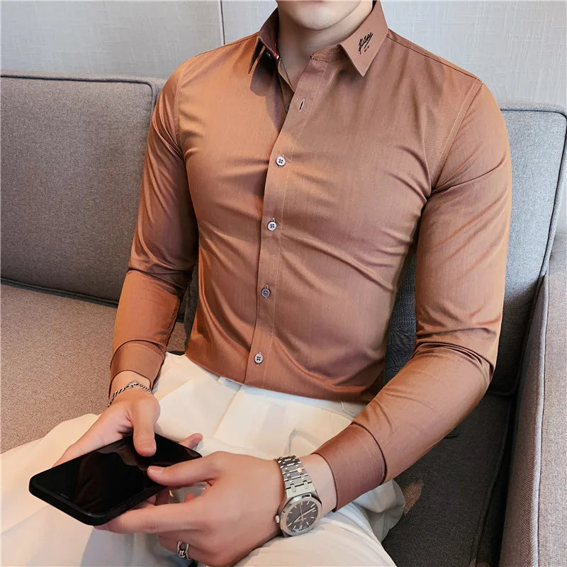 Hehope British Style Men Long Sleeved Shirt 2024 Autumn Anti-wrinkle Soft Solid Casual Elastic Slim Fit Camisas Y Blusas Men Clothing