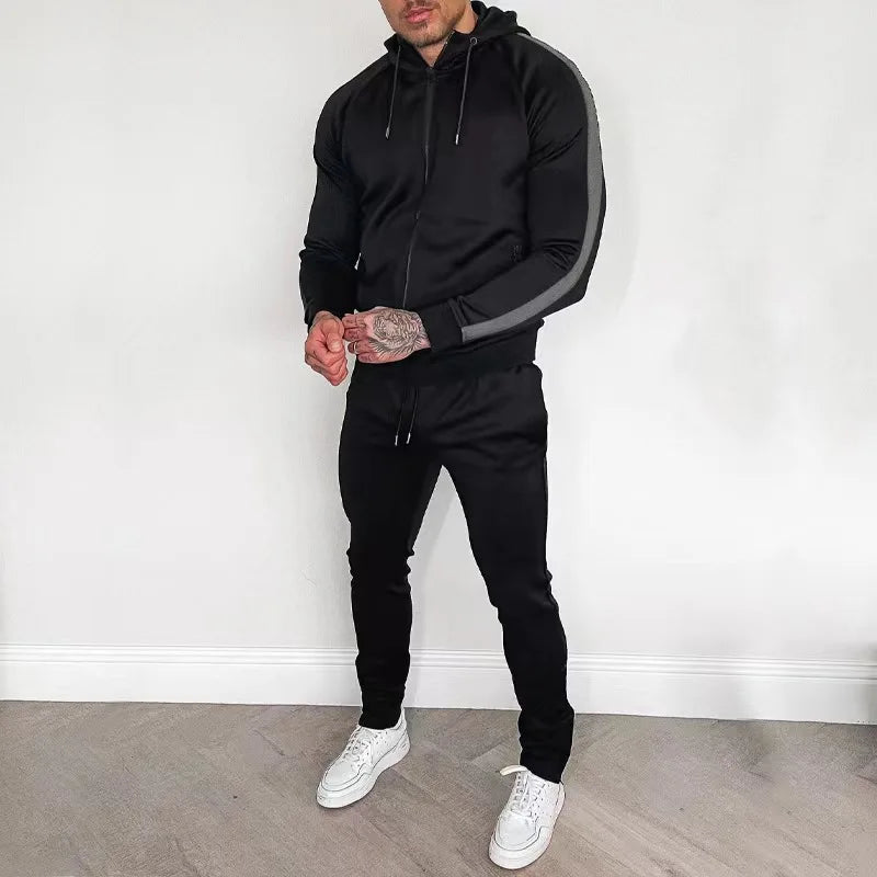 Hehope Spring Autumn New 2 Piece Sets Men Tracksuit Casual Stripe Joggers Hooded Sportswear Jackets+Pants Hip Hop Running Sports Suit