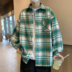 Hehope Men 2024 Spring Summer Fashion Checkered Turn-down Collar Tops T-Shirt Men Clothing Casual Loose Long Sleeve Button Shirts