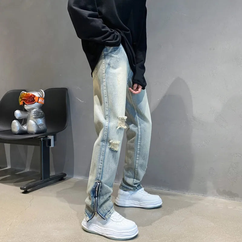 Hehope New Fashion Male High Quality Light Blue Casual Retro Ripped Jeans Men High Street Zipper Cotton Denim Trousers S-3XL