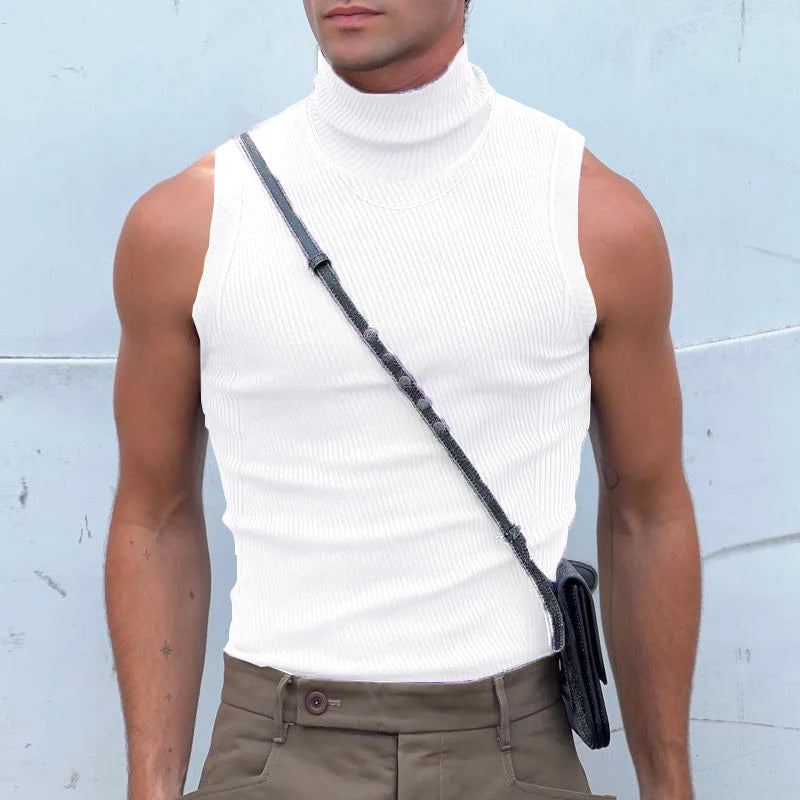 Hehope Fashion Sleeveless Turtleneck Tank Tops Men New Casual Solid Color Ribbed Camisole Mens Trendy Bottom Tops Male Vest Streetwear