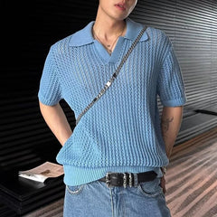 Hehope Streetwear Mens Knit Tops Short Sleeve Turn-down Collar Knitting Polo Shirts For Men Summer Casual Solid Color Loose Pullovers