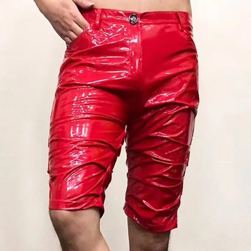 Hehope Shinny Leather Short Sexy Nightclub Multicolor Elasticity Slim Men Motorcycle Shorts Men's DS Costumes Anti-bright PU Pant