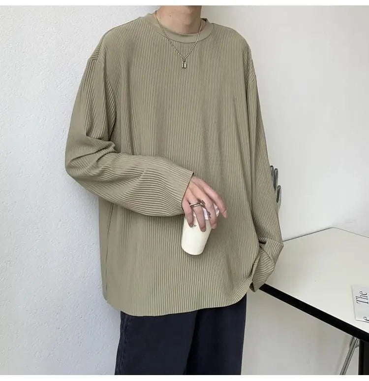 Hehope Autumn Pleated T-shirt for Men Solid Color Long Sleeves T Shirt Round Neck Ribbed Shirt Outwear Blouse Shirt