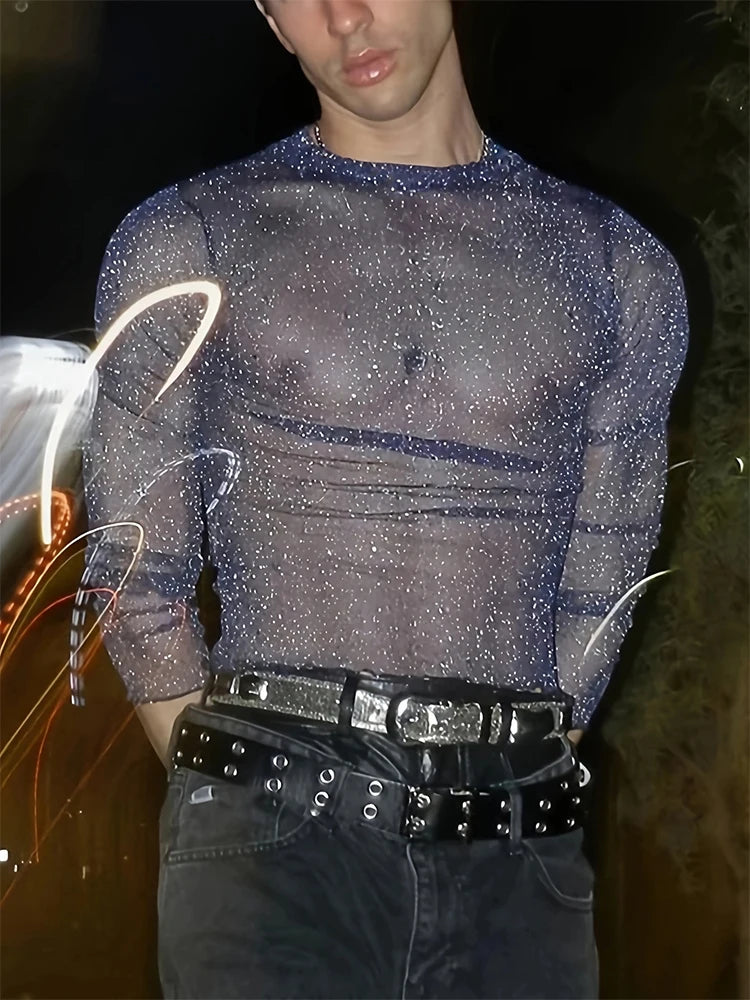 Hehope Party Fashion Mesh Tops Men Slim Fit Sexy See Through T Shirt Streetwear 2024 Spring Gays Clubwear Transparent Designer T-shirts