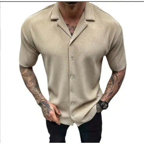 Hehope Street Trend Summer Solid Cardigan Short Sleeved Men's Stand Collar Button Patchwork Casual American Fashion Versatile Thin Tops