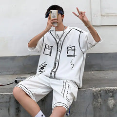 Hehope Summer Elegant Fashion Harajuku Slim Fit Ropa Hombre Loose Casual All Match Sports Suit Ice Shreds Short Sleeve Two Piece Set