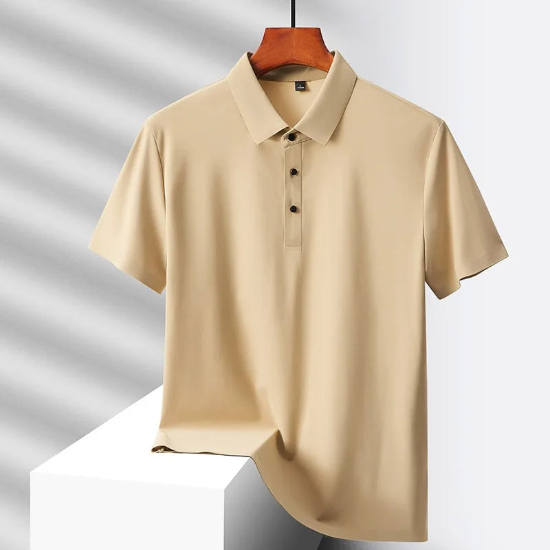 Hehope Summer Ice Silk Quick Drying Loose Polo Shirt Middle Aged Men's Solid Lapel Button Simple Versatile Casual Thin Short Sleeve Top