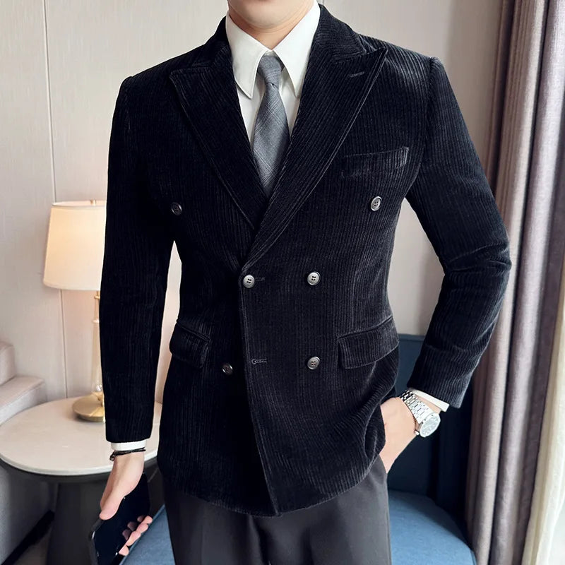 Hehope Mens Corduroy Blazers British Style Autumn Male Slim Fit Suit Jackets High Quality Tuxedo Office Fashion Brand Men Clothing