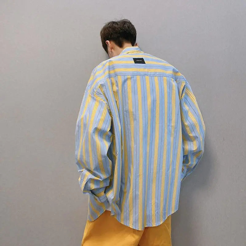 Hehope Spring and Autumn Fashion Brand Retro Contrast Yellow Blue Vertical Stripes Loose Relaxed Off Shoulder Long Sleeve Shirt