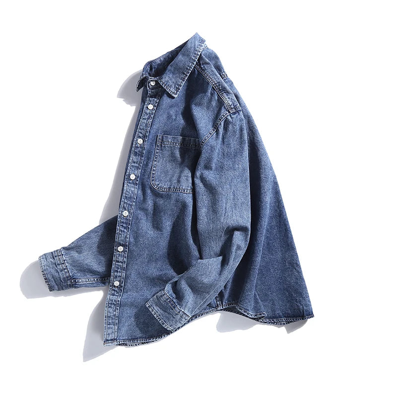 Hehope spring new Japanese retro 100% cotton denim long-sleeved shirt simple loose casual washed coat