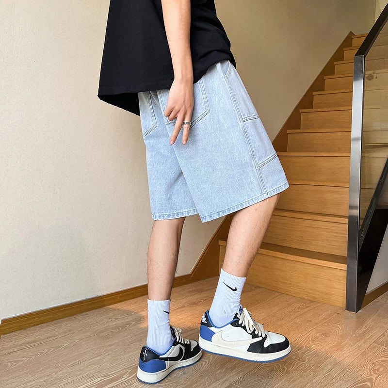 Hehope Summer New High Street Casual Versatile Denim Capris Elastic Waist Men's Korean Style Loose Wide Leg Large Pocket Shorts