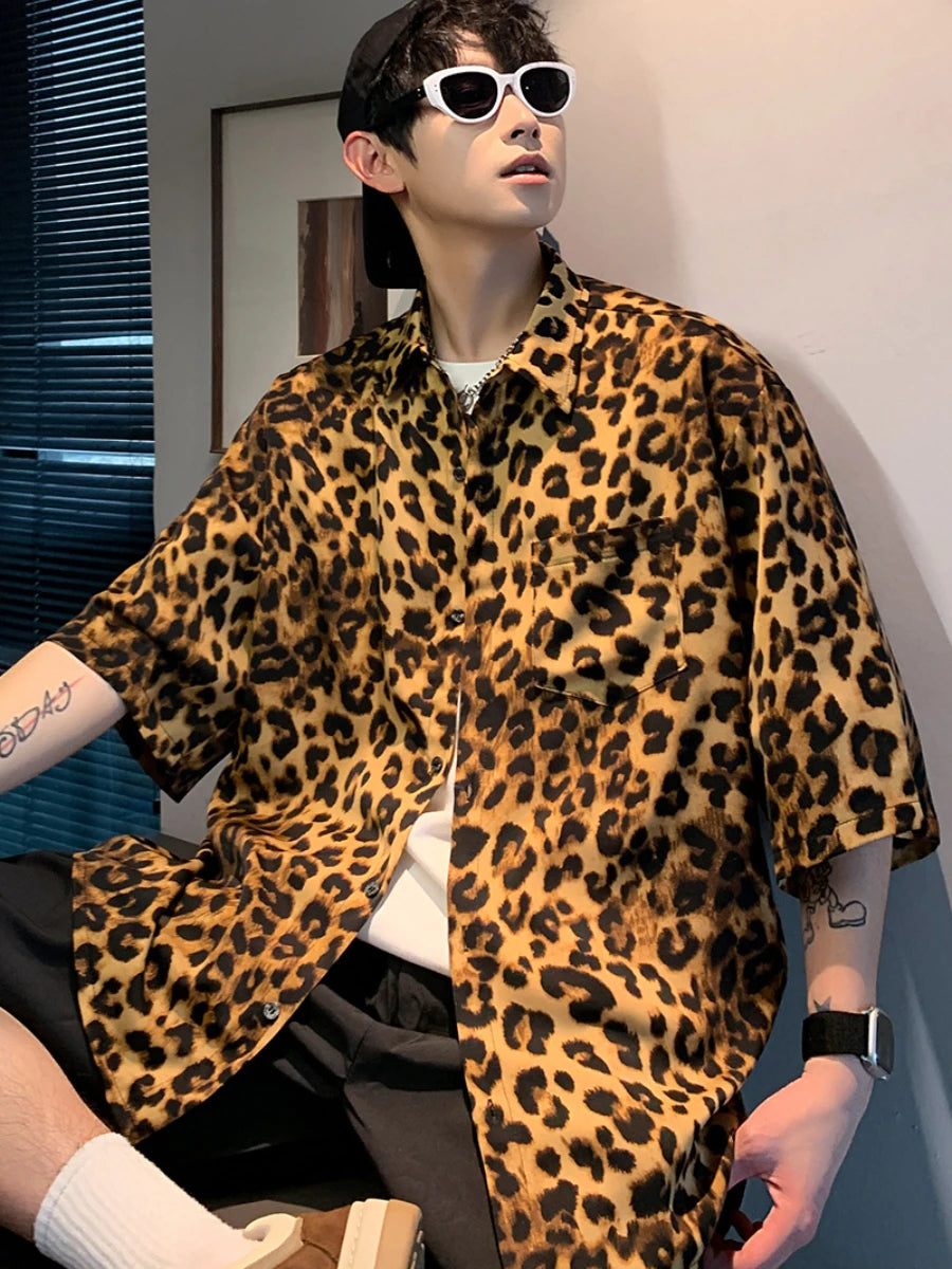 Hehope Korean Fashion Leopard Print Ice Silk Short Sleeve Shirt Men Summer Streetwear Hip Pop Loose Half Sleeve Floral Mens Shirts