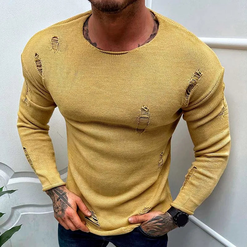 Hehope Men's Casual Tops Spring Summer Fashion Solid  knit Long Sleeve Torn Sweater Male Tees Holiday Streetwear Chic Shirts