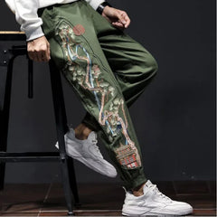 Hehope Spring Autumn New Fashion Elastic Waist Printing Embroidery Men's Clothing Pockets Bound Feet Trend All-match Young Casual Pants