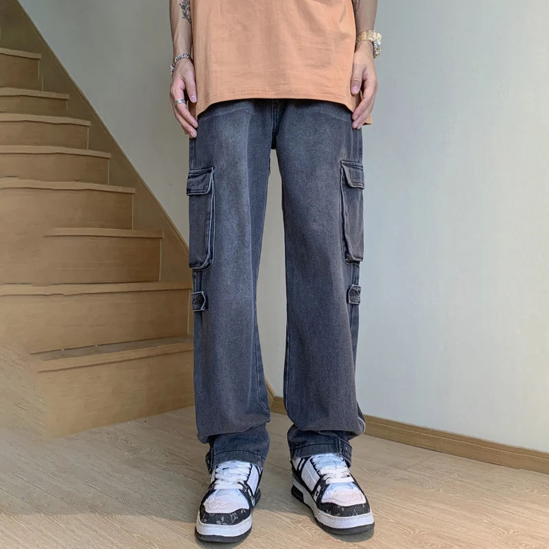 Hehope Spring Autumn Retro Cargo Jeans Men American Style Mid Rise Multi Pocket Denim 2024 Trousers Fashion Punk Streetwear