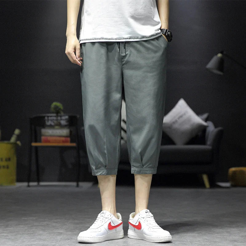 Hehope Cropped Pants Men's Shorts Summer Ice Silk Fashionable Straight Large Size Sports Casual Pants