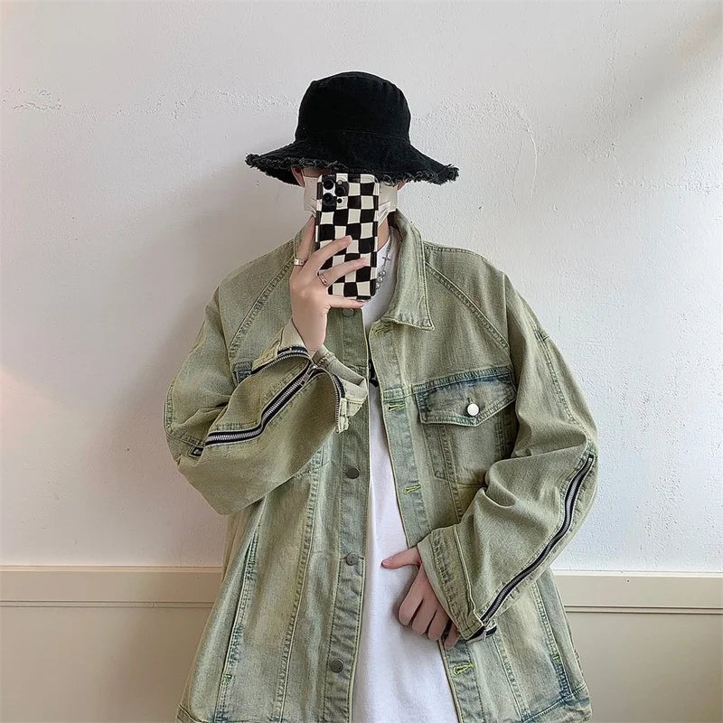 Hehope American Retro Tactical Zipper Denim Jacket Men Streetwear Men's Japan Color Matching Loose Casual Preppy Hip Hop Coat