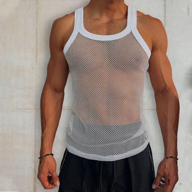 Hehope Men's Sexy Mesh Casual Vest Summer Beach Cutout Mesh T-shirt Comfortable Breathable Cool Men's Vest Muscular Men Tight Vest