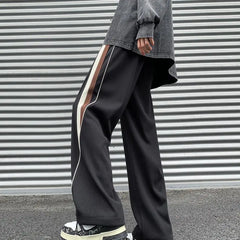 Hehope Autumn New Contrast Stripe Spliced Sports Pants Solid Drawstring Pocket American High Street Loose Wide Leg Casual Trousers