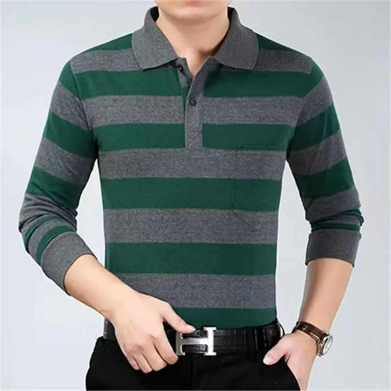 Hehope Fashion Men New Business Striped Polo Shirts Korean Spring Autumn Casual Long Sleeve Lapel Pockets Male Clothes Cotton Tops