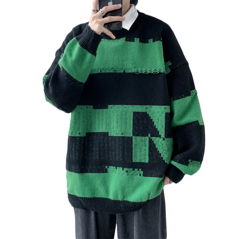 Hehope Korean Fashion Men's Plus Size Sweater Striped Loose Round Neck Knitted Top Autumn New Casual Pullover Sweaters