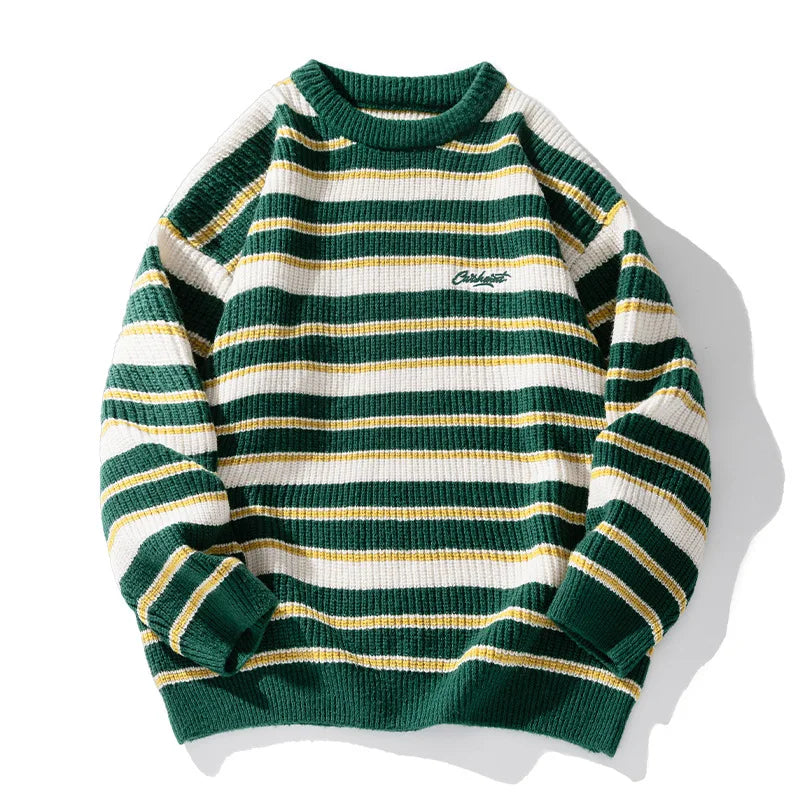 Hehope Lazy Retro Striped Sweater Men Women Autumn Winter Thick Knit Casual Embroidered Knit Pullover Sweater Jacket Couple