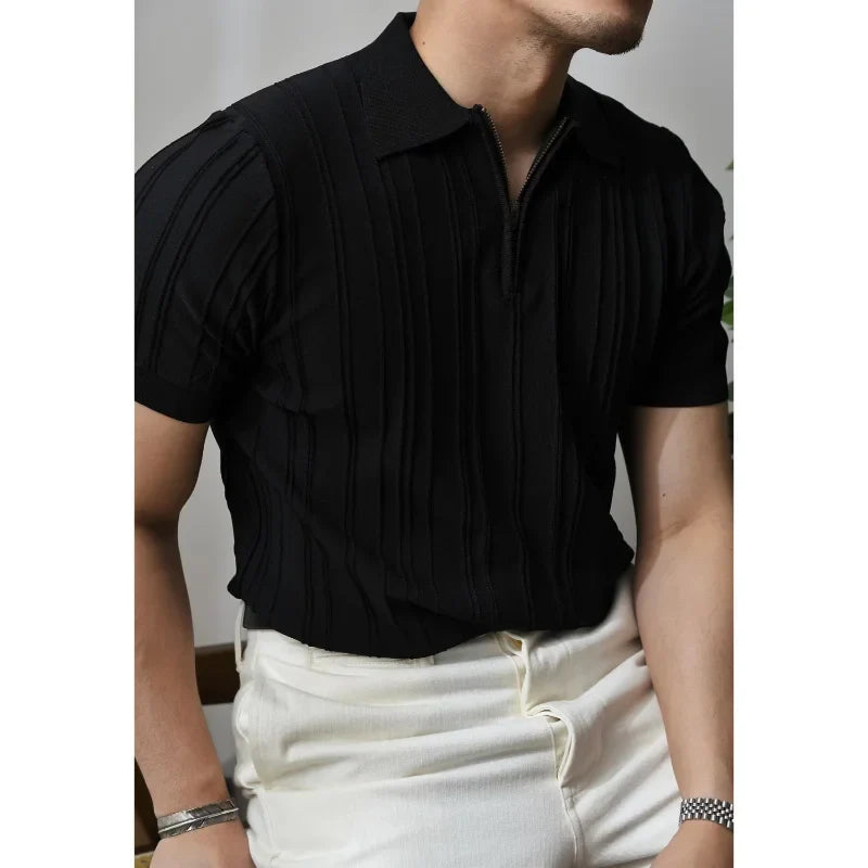 Hehope Summer Men Solid Zipper Knitted Polo Shirt Streetwear Fashion Male Clothes Lapel Slim Basic Business Casual Short Sleeve Tops