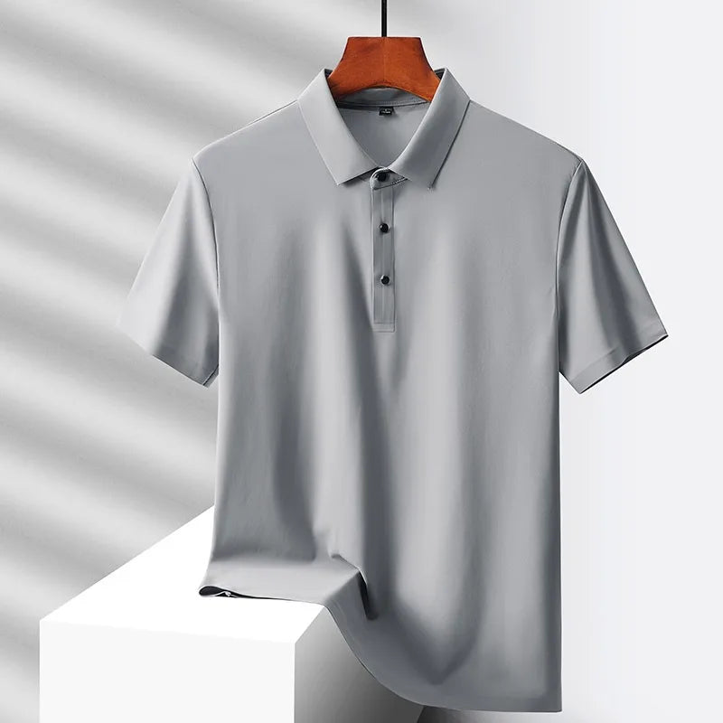 Hehope Summer Ice Silk Quick Drying Loose Polo Shirt Middle Aged Men's Solid Lapel Button Simple Versatile Casual Thin Short Sleeve Top