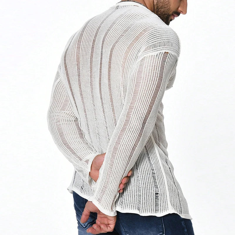 Hehope Sexy See Through Knitted T Shirt Mens Long Sleeve O Neck Slim Stretch Knit Tops For Men Casual Breathable Solid Color Pullovers