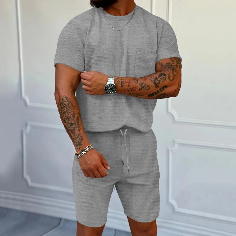 Hehope Streetwear Mens Two Piece Sets Summer Breathable Waffle Loose Outfit Men Casual Short Sleeve Pocket T Shirt & Shorts Suits Male