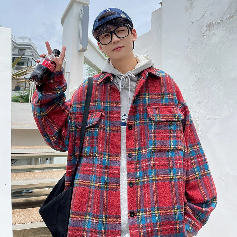 Hehope Thick Plaid Woolen Coat Men Warm Oversized Retro Thickened Woolen Jacket Mens Streetwear Korean Loose Short Woolen Coat Men