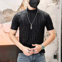 Hehope Spring Autumn Season New Solid Jacquard Half High Neck Short Sleeve T-shirt Men Slim Warm Breathable Casual Versatile Thick Top