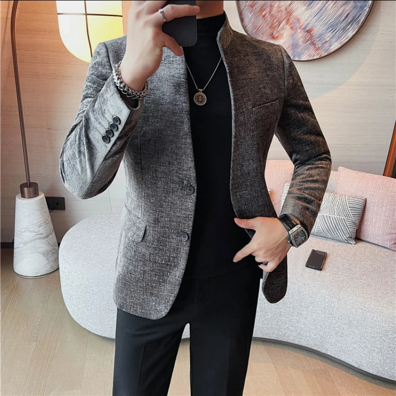 Hehope Autumn Corduroy Stand Up Collar Suit Jacket Men Slim Fit Casual Business Blazers Street Wear Social Banquet Party Suit Jackets