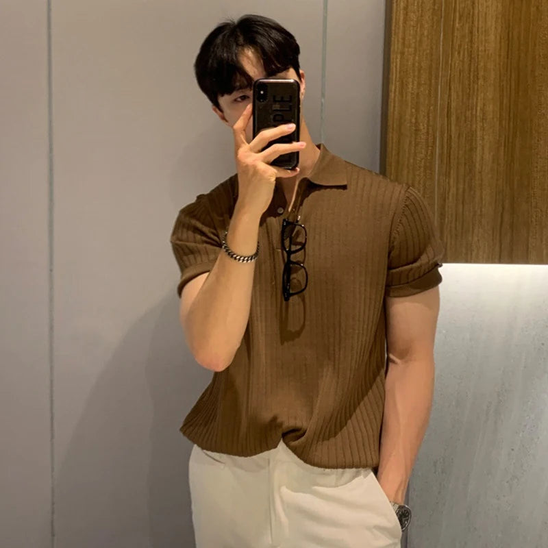 Hehope Casual Solid Color Ribbed T Shirts Men Fashion Slim Buttoned Lapel Polo Shirt Short Sleeve Casual Clothes Summer Mens Streetwear