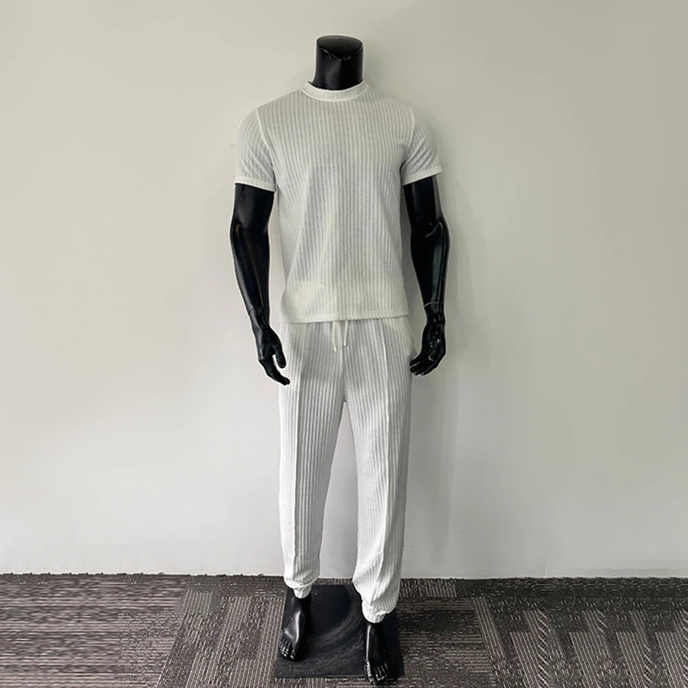 Hehope Mens Slim Casual T-Shirt Wide Leg Pants Two-Piece Set Genderless 2024 New Basic Versatile Solid Color Simple Suit Unisex