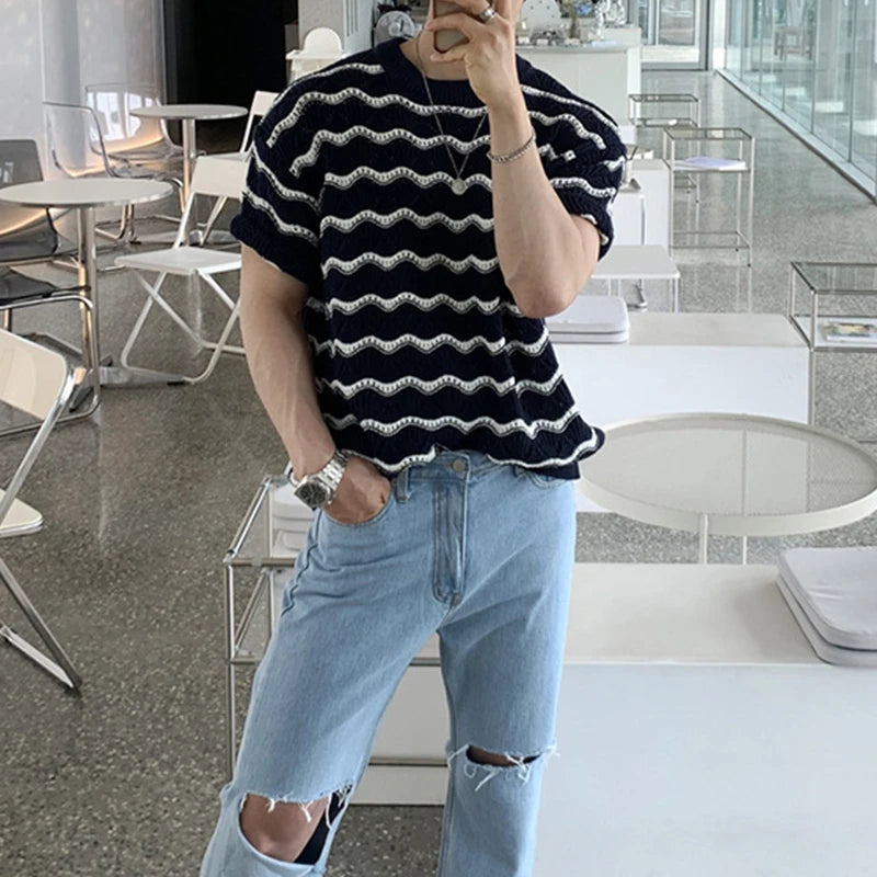 Hehope Streetwear Fashion Mens Knitting T Shirts Summer Short Sleeve O Neck Hollow Out Breathable Knit Tops For Men Stylish Striped Tee