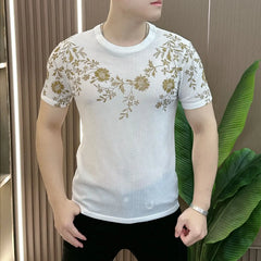 Hehope Luxury Floral Print T-shirts Men Short Sleeve T-shirt Summer Ice Silk Breathable Casual Social Round Neck Tee Tops M-5XL