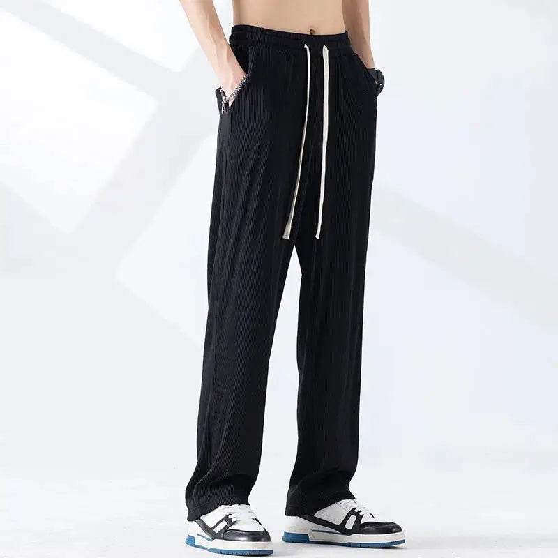 Hehope Summer Thin Trendy Loose Ice Silk Casual Straight Sports Pants Men's Solid Elastic Waist Pockets Drawstring Wide Leg Trousers