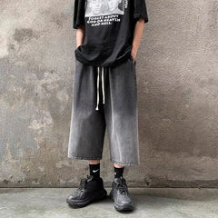 Hehope High Street Trendy Gradient Jeans Men Summer Thin Elastic Waist Drawstring Pockets Loose Casual Denim Wide Leg Calf Length Pants