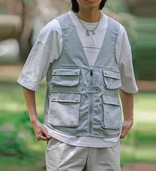 Hehope  Spring/Summer Japan fashion Retro Cargo Short sleeve Denim Vest Loose Sleeveless Waistcoat Vest Men and Women