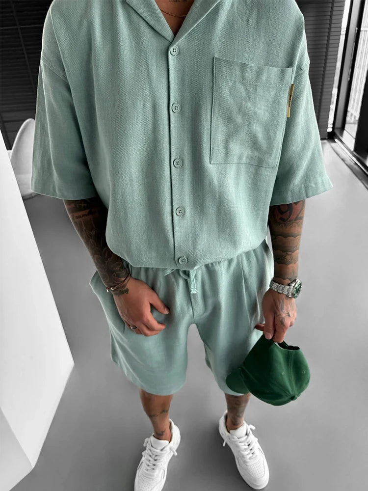 Hehope Casual Solid Color Short Sleeve Button-up Shirts Mens Shorts Two Piece Suits Summer Beach Leisure Loose Outfits Men Fashion Sets