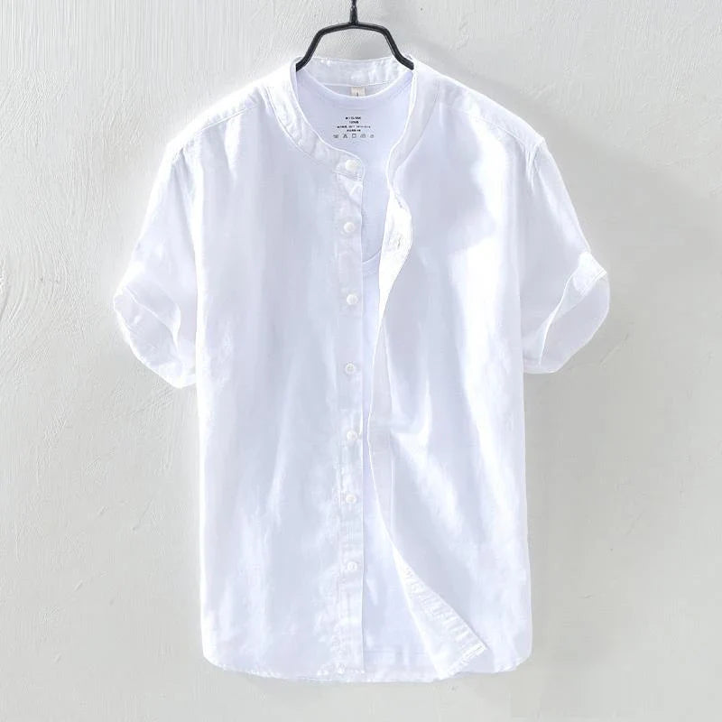 Hehope Men Retro Simple Casual Stand Collar Cotton Linen Button Shirts Summer Japanese Style Solid Short Sleeve Tops Camisas De Hombre