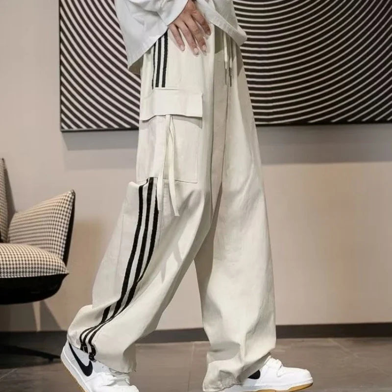 Hehope Japanese Retro Striped Cargo Pants Men Loose Casual Full Length Drawstring High Waist Straight Leg Pants Sports Streetwear Male